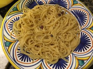 Finished aglio olio garlic anchovy pasta